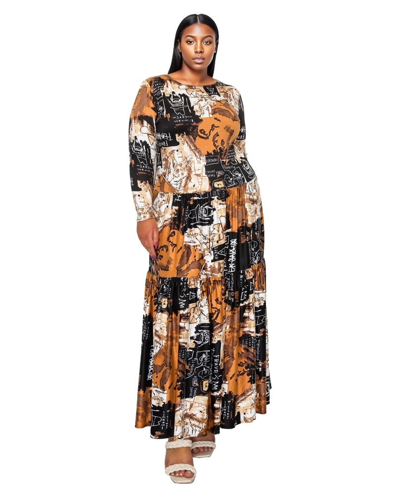 Front of a model wearing a size 2X Alayna Tiered Maxi Dress in Black Taupe by L I V D. | dia_product_style_image_id:340572